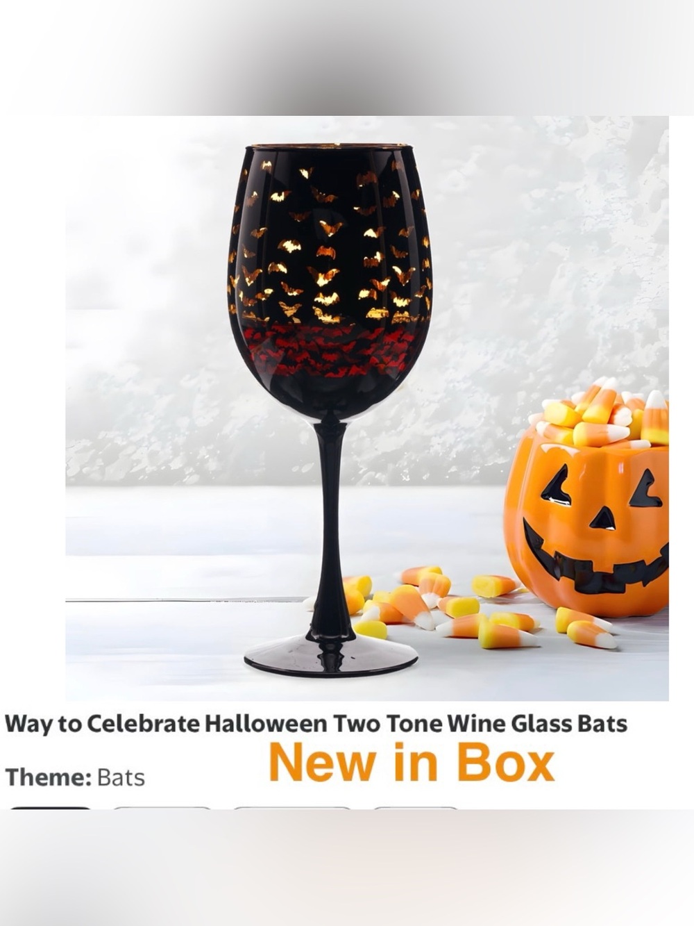 4/$25 WAY TO CELEBRATE Halloween Two-Tone Black&Gold Wine Glass - Bats NWT